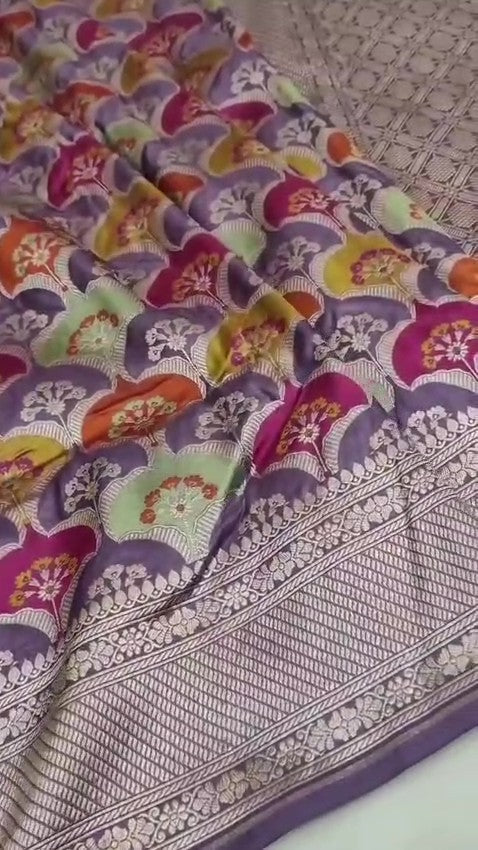 Lavender Banarasi handloom katan silk rangkaat meenakari saree featuring intricate zari weaving.