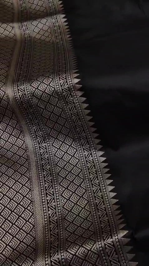 Black Banarasi Handloom Rangkaat Katan Silk Saree featuring multicolored checks, intricate motifs, and a rich silver zari pallu.
