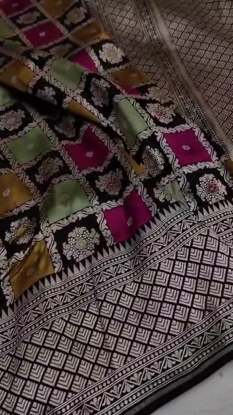 Black Banarasi Handloom Rangkaat Katan Silk Saree featuring multicolored checks, intricate motifs, and a rich silver zari pallu.