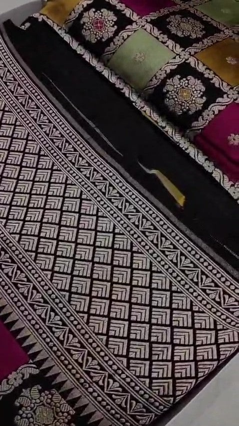 Black Banarasi Handloom Rangkaat Katan Silk Saree featuring multicolored checks, intricate motifs, and a rich silver zari pallu.