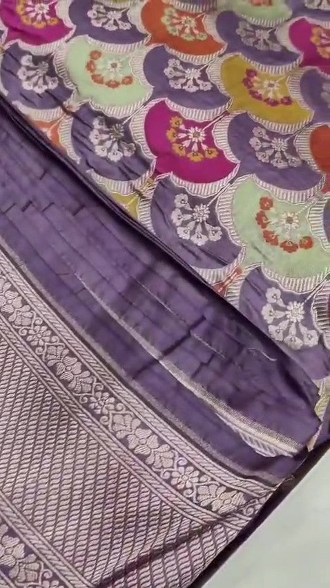 Lavender Banarasi handloom katan silk rangkaat meenakari saree featuring intricate zari weaving.