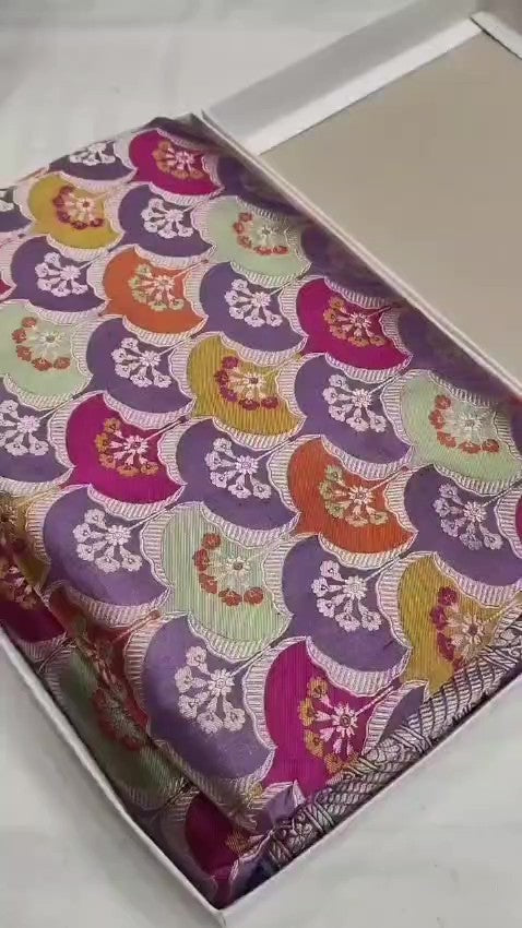 Lavender Banarasi handloom katan silk rangkaat meenakari saree featuring intricate zari weaving.