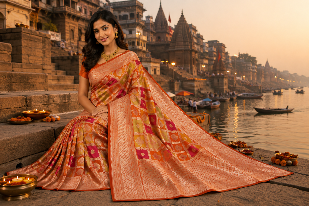 Red Banarasi Handloom Katan Silk Rangkaat Meenakari Saree with intricate gold zari weaving and multicolor meenakari motifs.