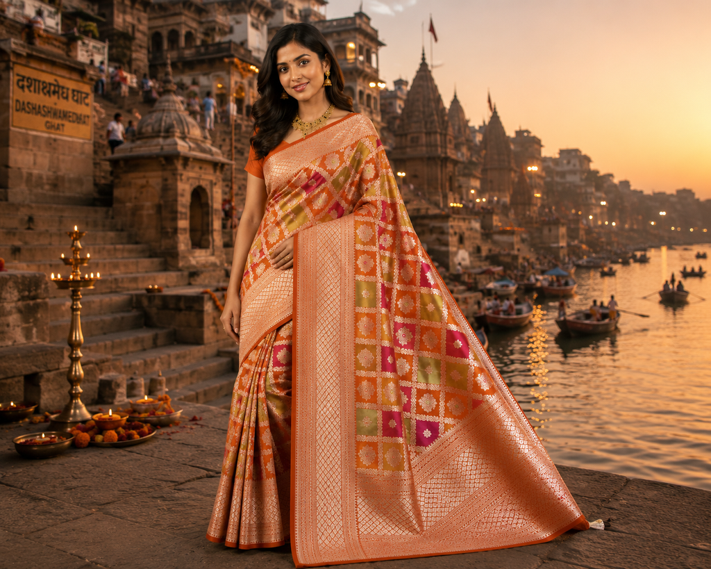 Red Banarasi Handloom Katan Silk Rangkaat Meenakari Saree with intricate gold zari weaving and multicolor meenakari motifs.