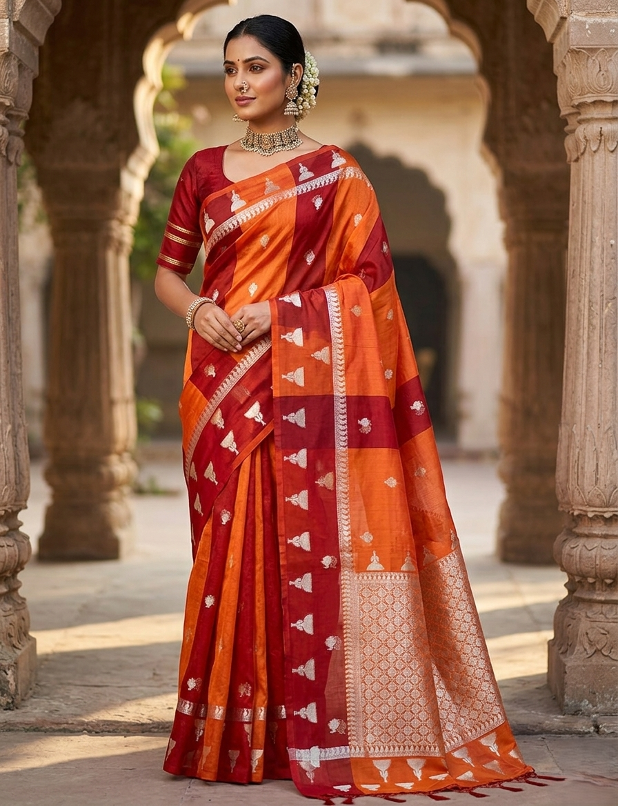 Orange Banarasi Handloom Tissue Mango Silk Saree
