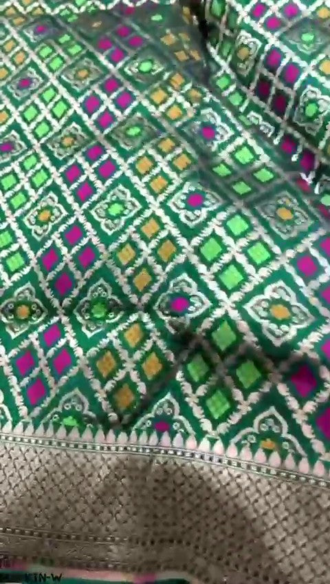 Green Banarasi Handloom Pure Katan Silk Meenakari Saree with Gold Zari Weaving and Silk Mark Certification