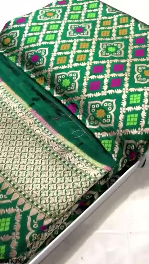Green Banarasi Handloom Pure Katan Silk Meenakari Saree with Gold Zari Weaving and Silk Mark Certification