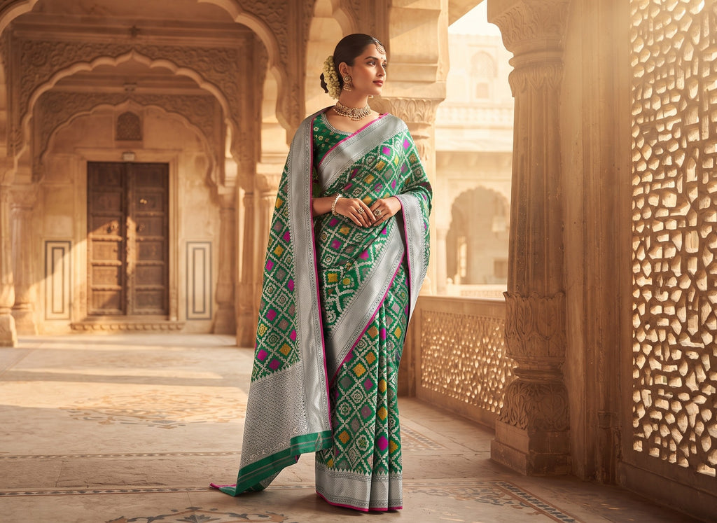 Green Banarasi Handloom Pure Katan Silk Meenakari Saree with Gold Zari Weaving and Silk Mark Certification