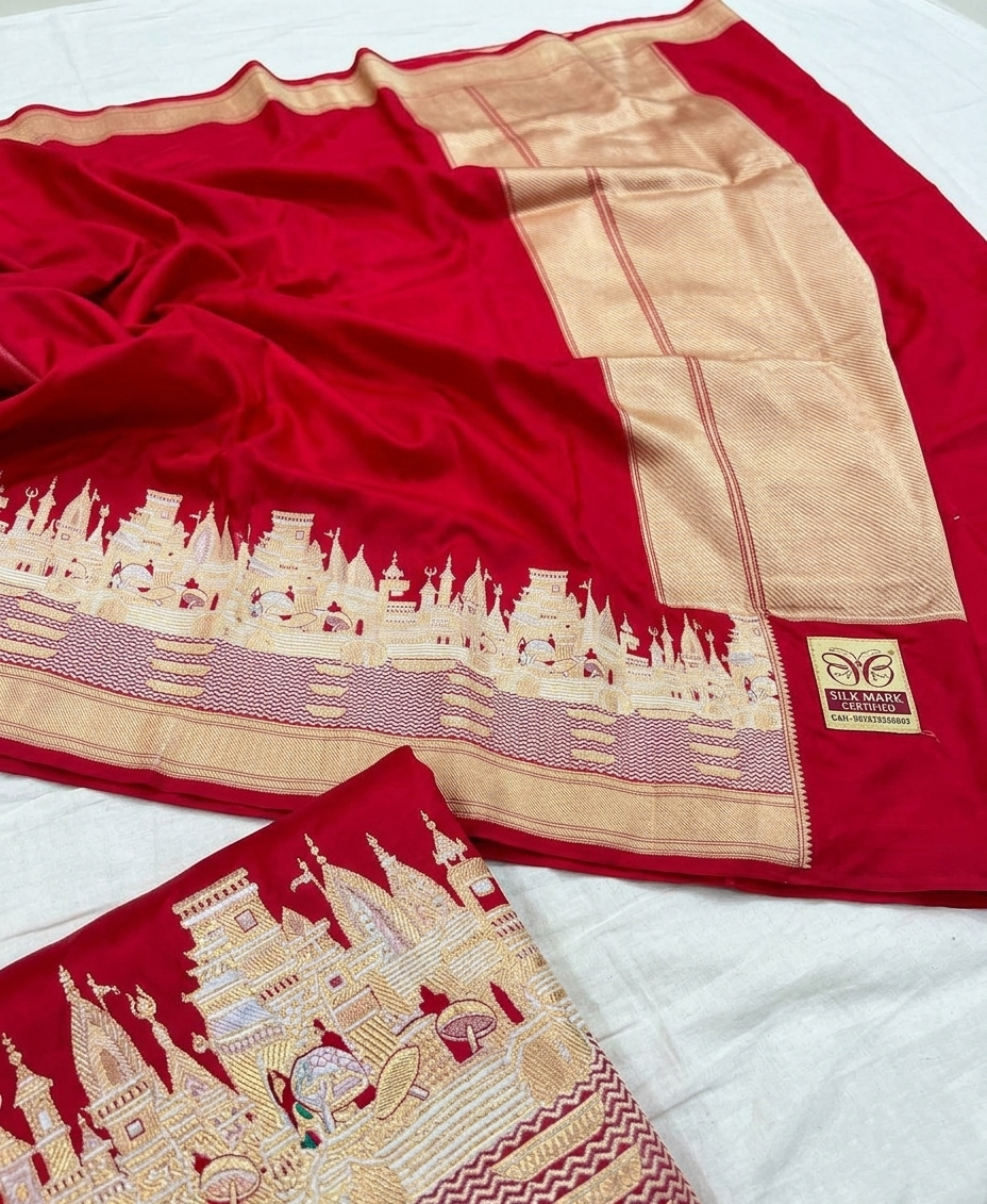 A vibrant red Banarasi Katan silk saree with a handloom-woven Kashi Ghat temple motif border in gold and silver zari with Meenakari accents.