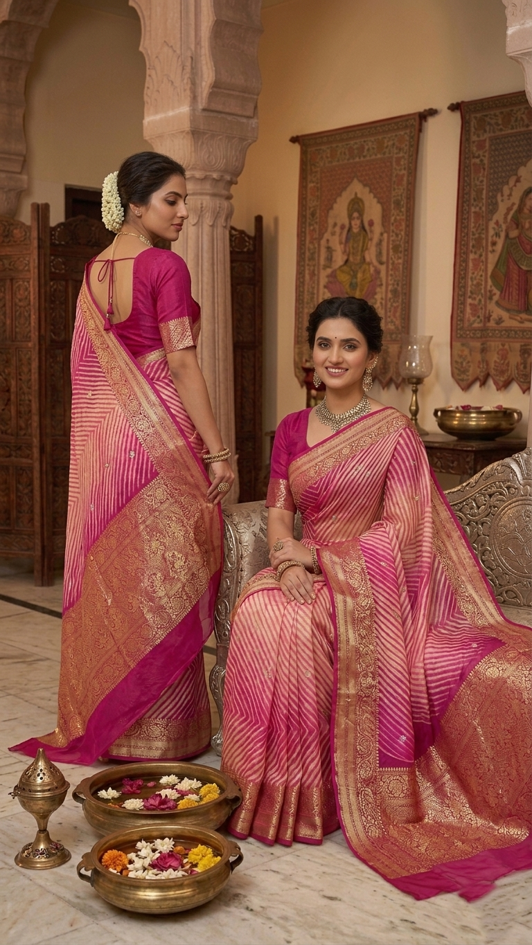 A model in a heritage courtyard wearing a vibrant Pink and Magenta Kora Tissue silk saree with hand-dyed diagonal Arasi Shibori patterns and a gold zari border.