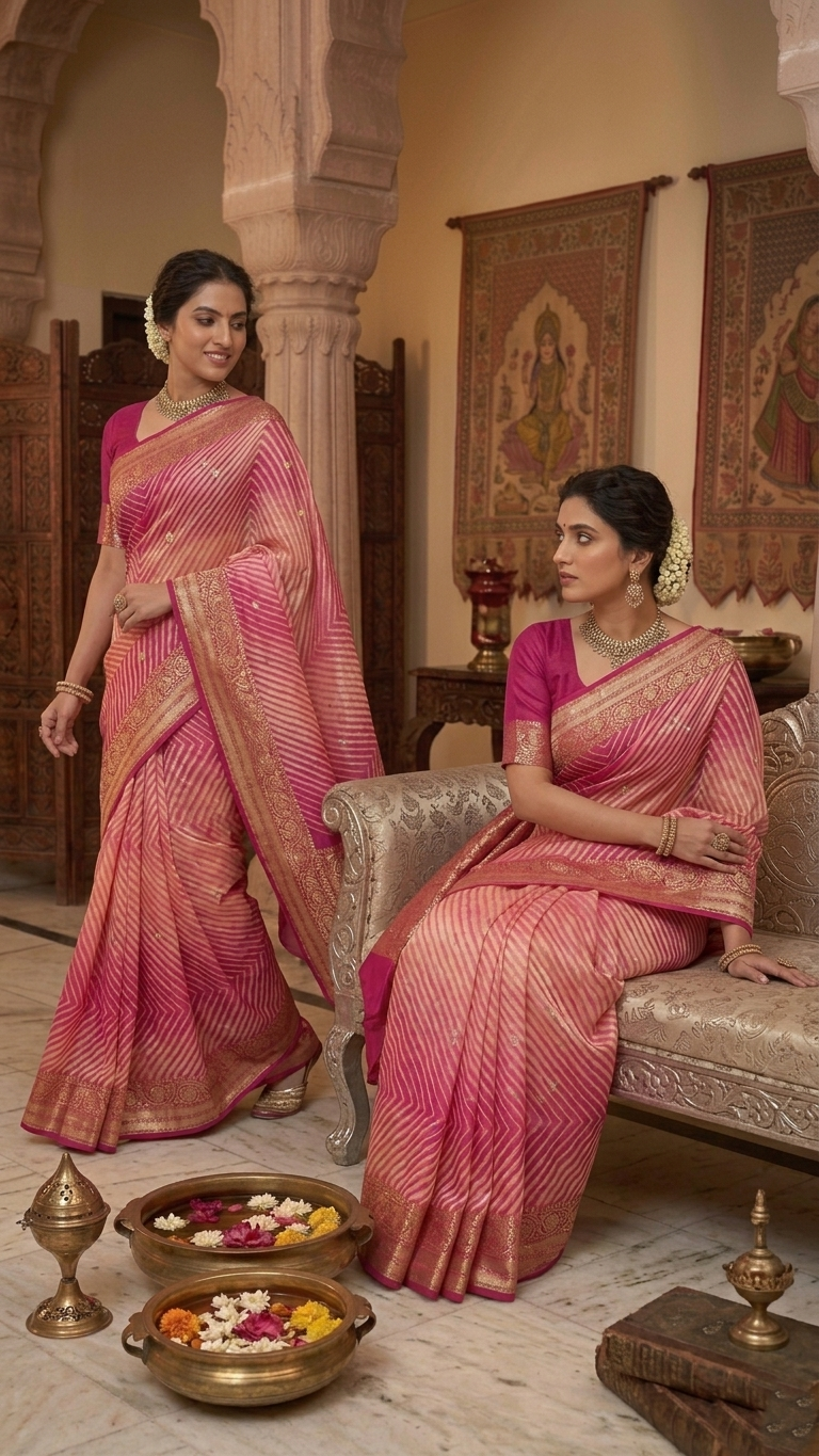 A model in a heritage courtyard wearing a vibrant Pink and Magenta Kora Tissue silk saree with hand-dyed diagonal Arasi Shibori patterns and a gold zari border.