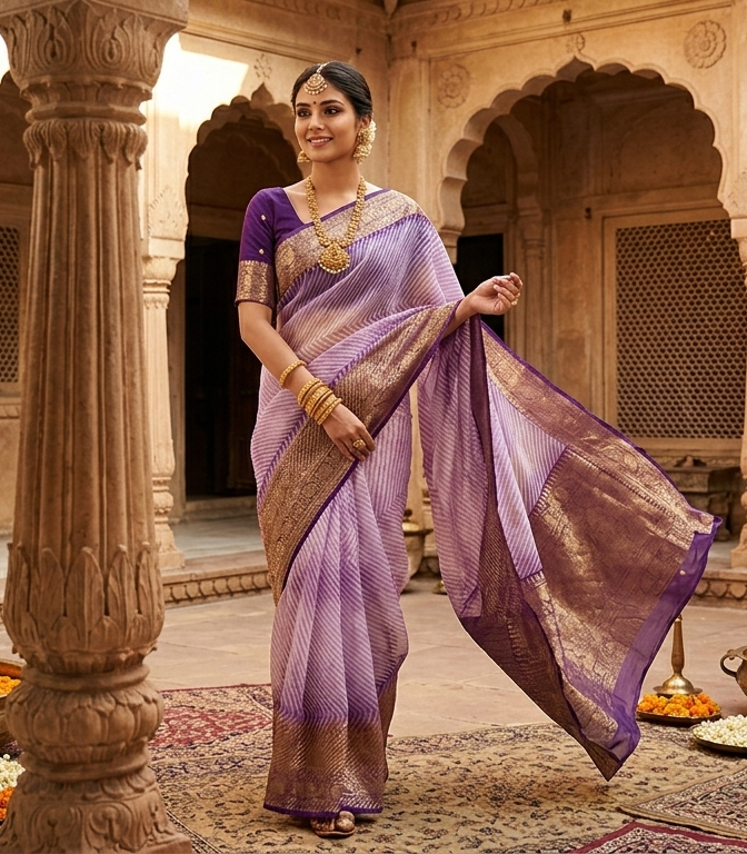 A model wearing a unique lavender and purple hand-dyed diagonal Arasi Shibori Kora Tissue silk saree with elaborate gold zari borders and pallu.