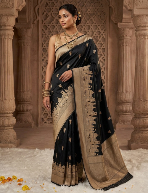 Black Banarasi Mashru Silk Kashi Ghat Saree