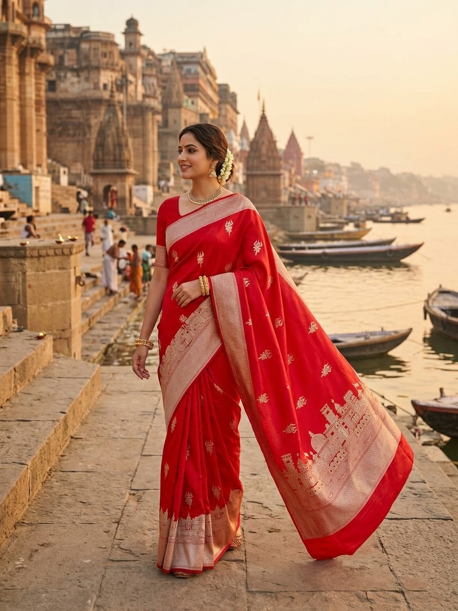 Red Banarasi Mashru Silk Kashi Ghat Saree