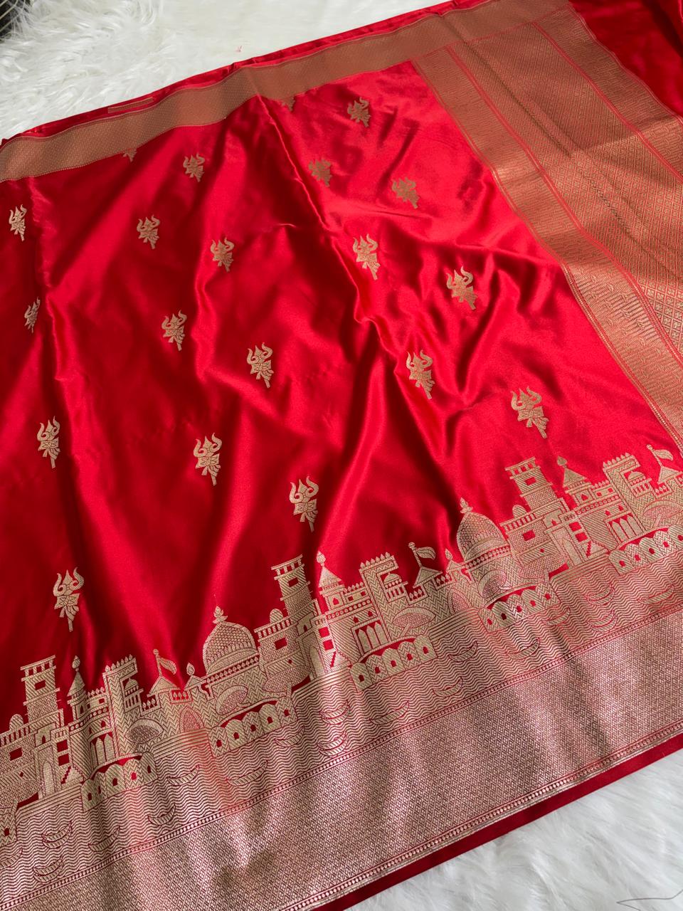 Red Banarasi Mashru Silk Kashi Ghat Saree