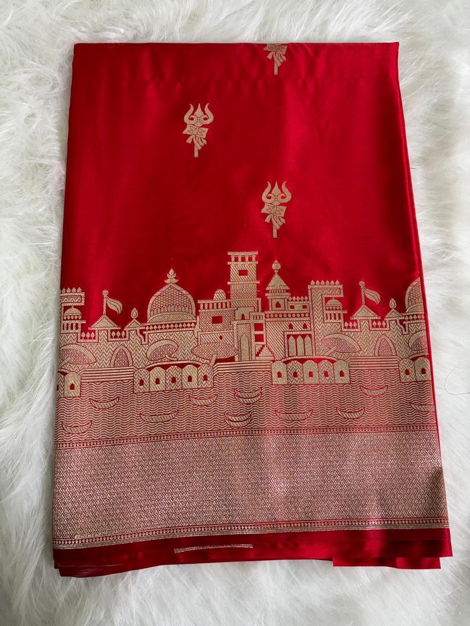 Red Banarasi Mashru Silk Kashi Ghat Saree