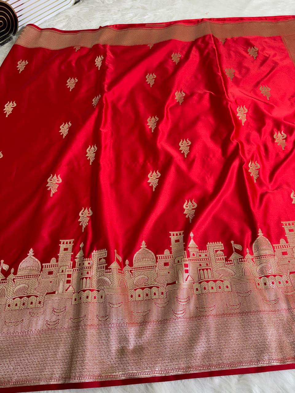 Red Banarasi Mashru Silk Kashi Ghat Saree
