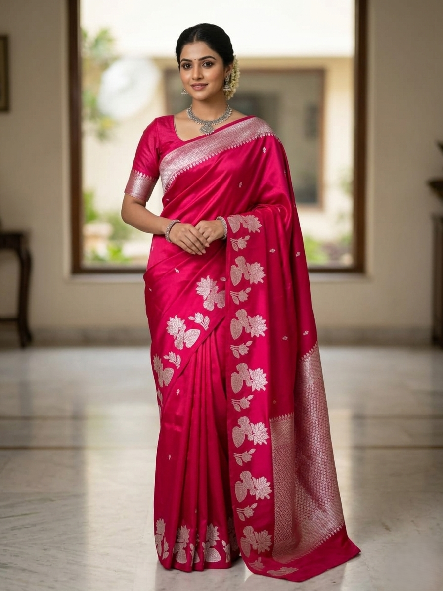 A model gracefully presenting a luxurious hot pink Banarasi Mashru silk saree adorned with intricate silver zari floral motifs and a detailed geometric border.