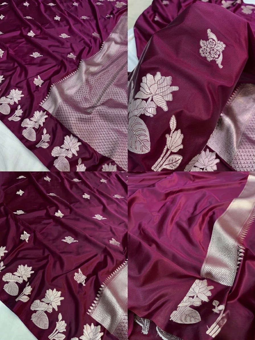 A model wearing a deep wine-colored Banarasi Mashru silk saree featuring elaborate silver zari floral motifs and a chevron-patterned border in a classic heritage interior.