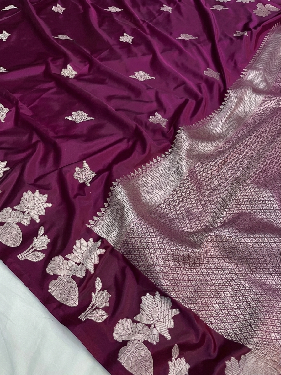 A model wearing a deep wine-colored Banarasi Mashru silk saree featuring elaborate silver zari floral motifs and a chevron-patterned border in a classic heritage interior.