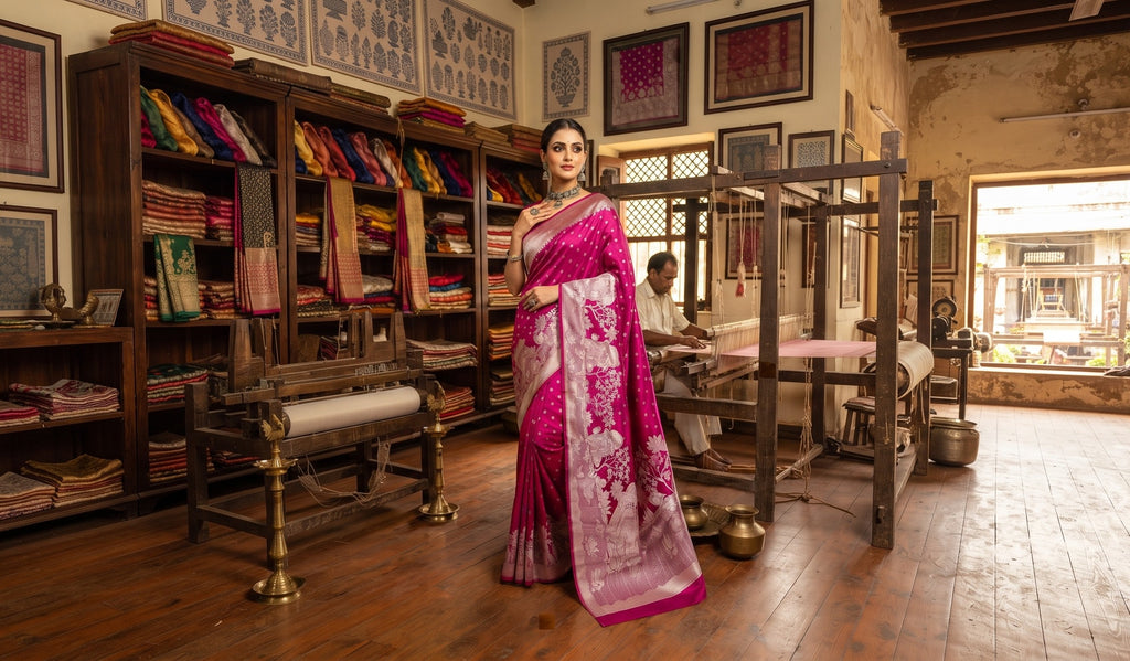 A woman in a traditional setting wears a vibrant rani pink Banarasi Mashru soft silk saree richly patterned with intricate silver zari work, including floral motifs and a detailed border.