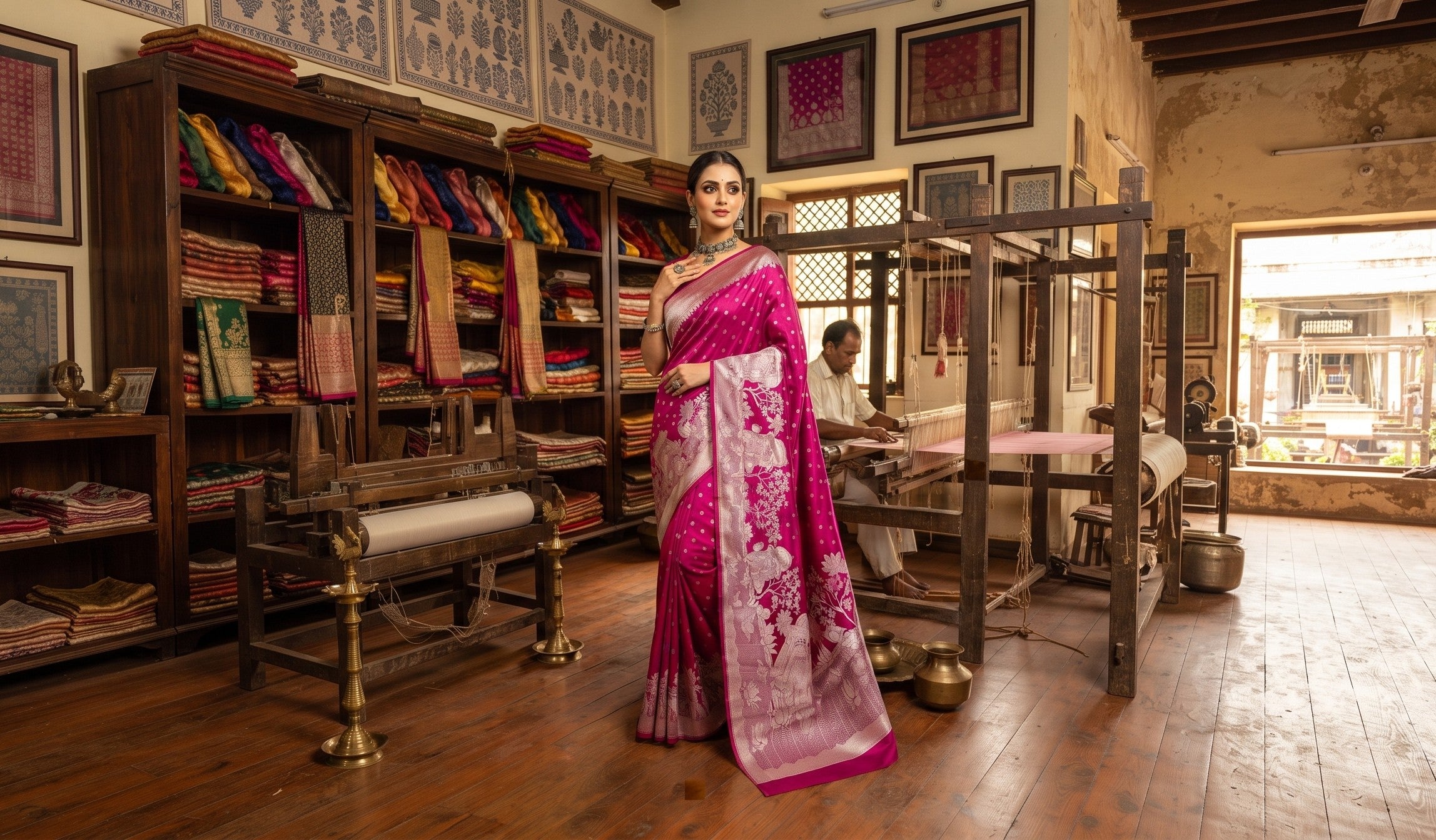 A woman in a traditional setting wears a vibrant rani pink Banarasi Mashru soft silk saree richly patterned with intricate silver zari work, including floral motifs and a detailed border.