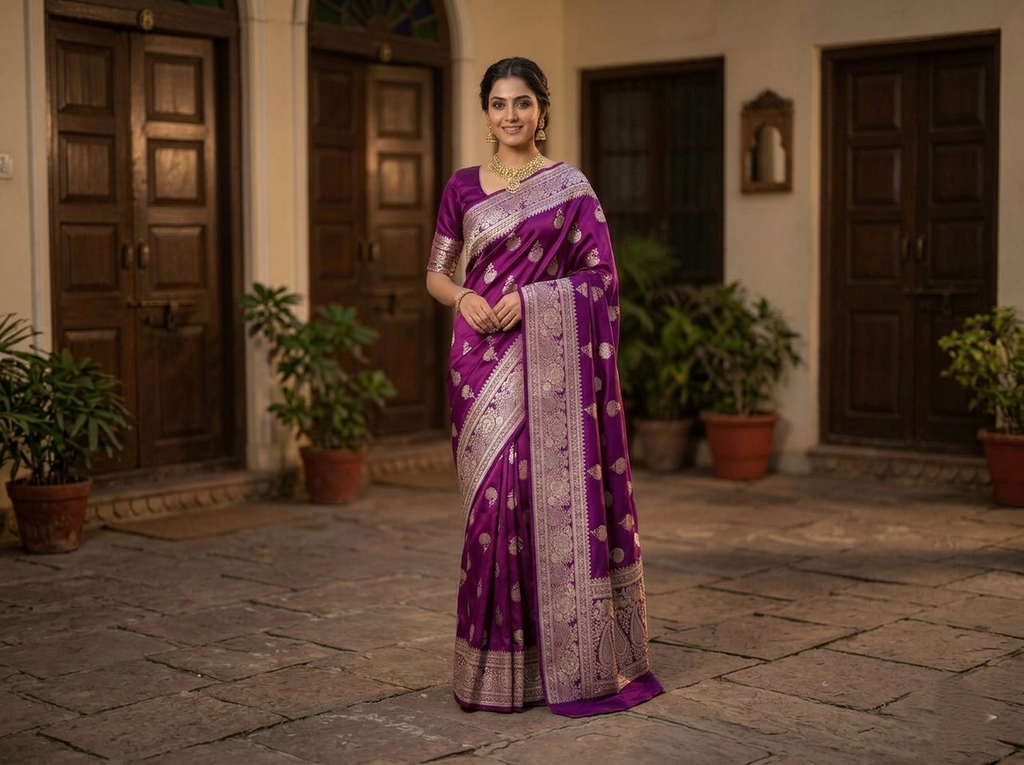 A model elegantly draped in a dual-tone purple and magenta Banarasi Mashru soft silk saree featuring intricate copper zari borders, floral buta motifs, and a matching blouse, standing in a regal courtyard setting.