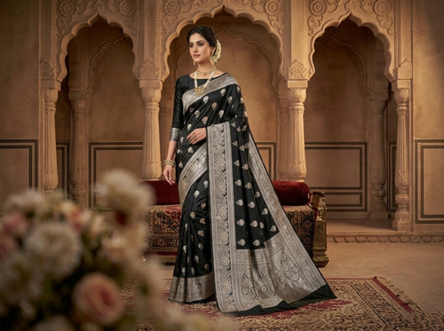 Black Banarasi Mashru soft silk saree featuring intricate copper zari floral buttas and an ornate zari border.