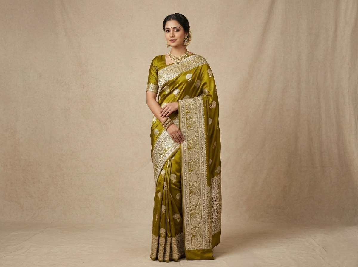 A model elegantly draped in a rich olive green Banarasi Mashru soft silk saree featuring intricate copper zari floral butas and an ornate traditional silver zari border.