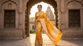 A model elegantly posing in a radiant golden yellow Banarasi Mashru soft silk saree featuring intricate silver and gold zari work, a heavy floral border, and classic woven buttis, set against an architectural heritage archway.