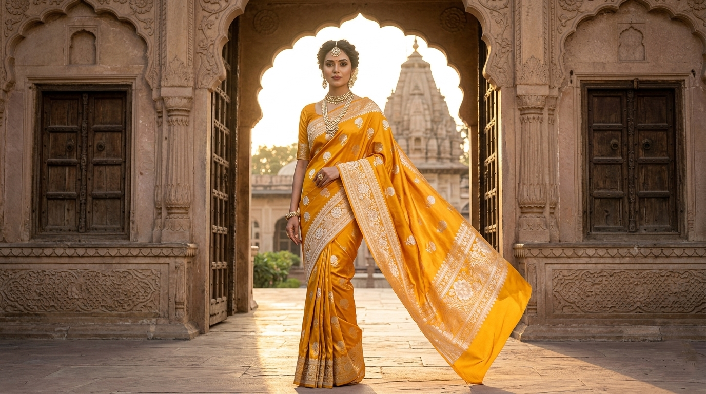 A model elegantly posing in a radiant golden yellow Banarasi Mashru soft silk saree featuring intricate silver and gold zari work, a heavy floral border, and classic woven buttis, set against an architectural heritage archway.