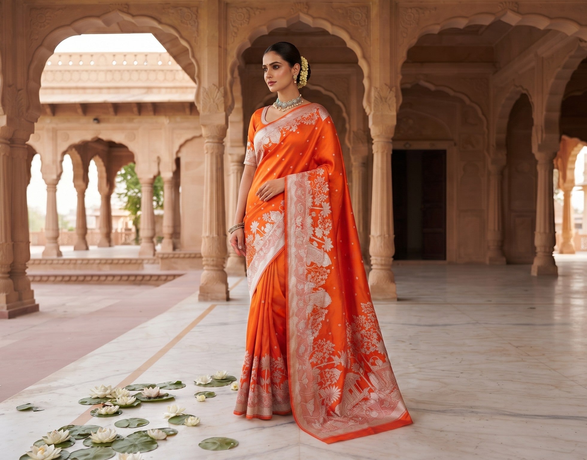 A woman in a traditional setting wears a vibrant orange Banarasi Mashru soft silk saree richly patterned with intricate silver zari work, including floral motifs and a detailed border.