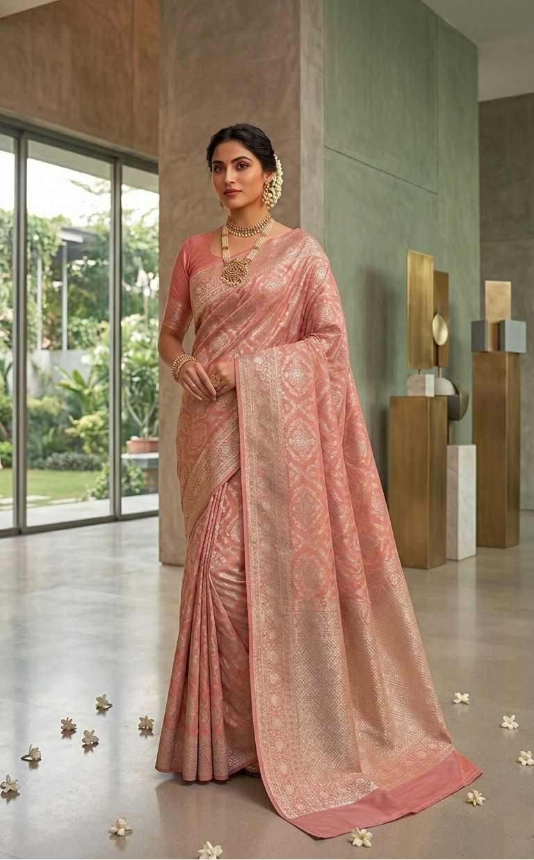 A model showcasing a pastel peach Banarasi mercerised cotton saree with intricate Sona Rupa silver and gold zari weaving, posed against a modern architectural background.