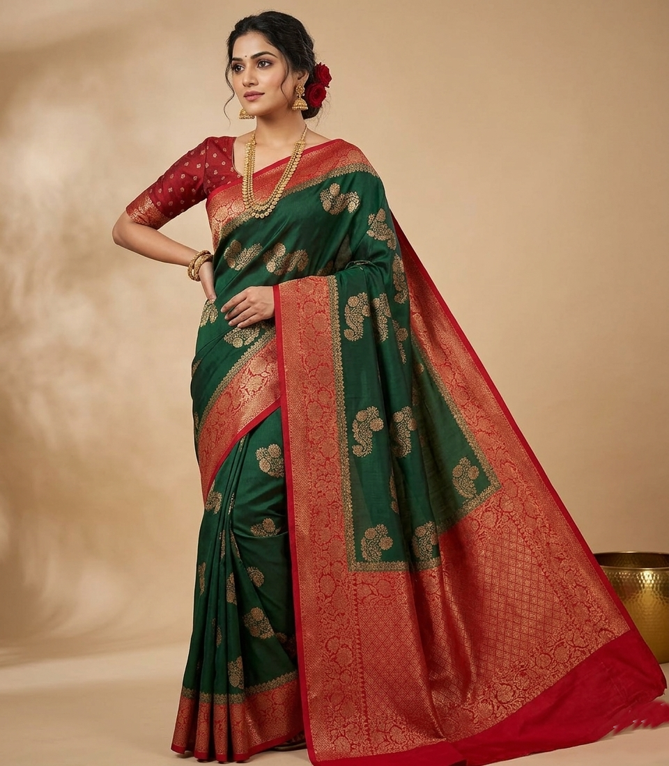 Bottle Green Banarasi Handloom Tussar Raw Silk Saree