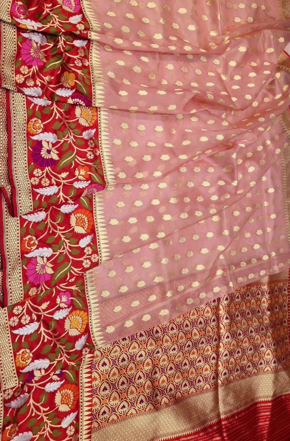 Pink & Red Banarasi Handloom Kora Tissue Silk Meenakari Saree