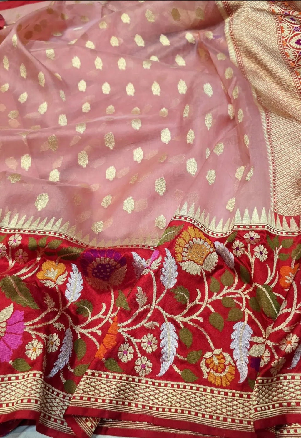 Pink & Red Banarasi Handloom Kora Tissue Silk Meenakari Saree