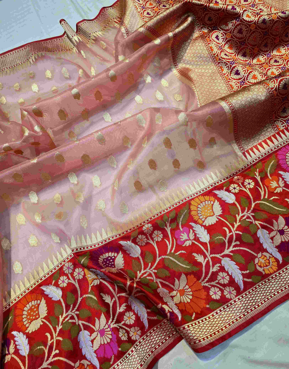 Pink & Red Banarasi Handloom Kora Tissue Silk Meenakari Saree