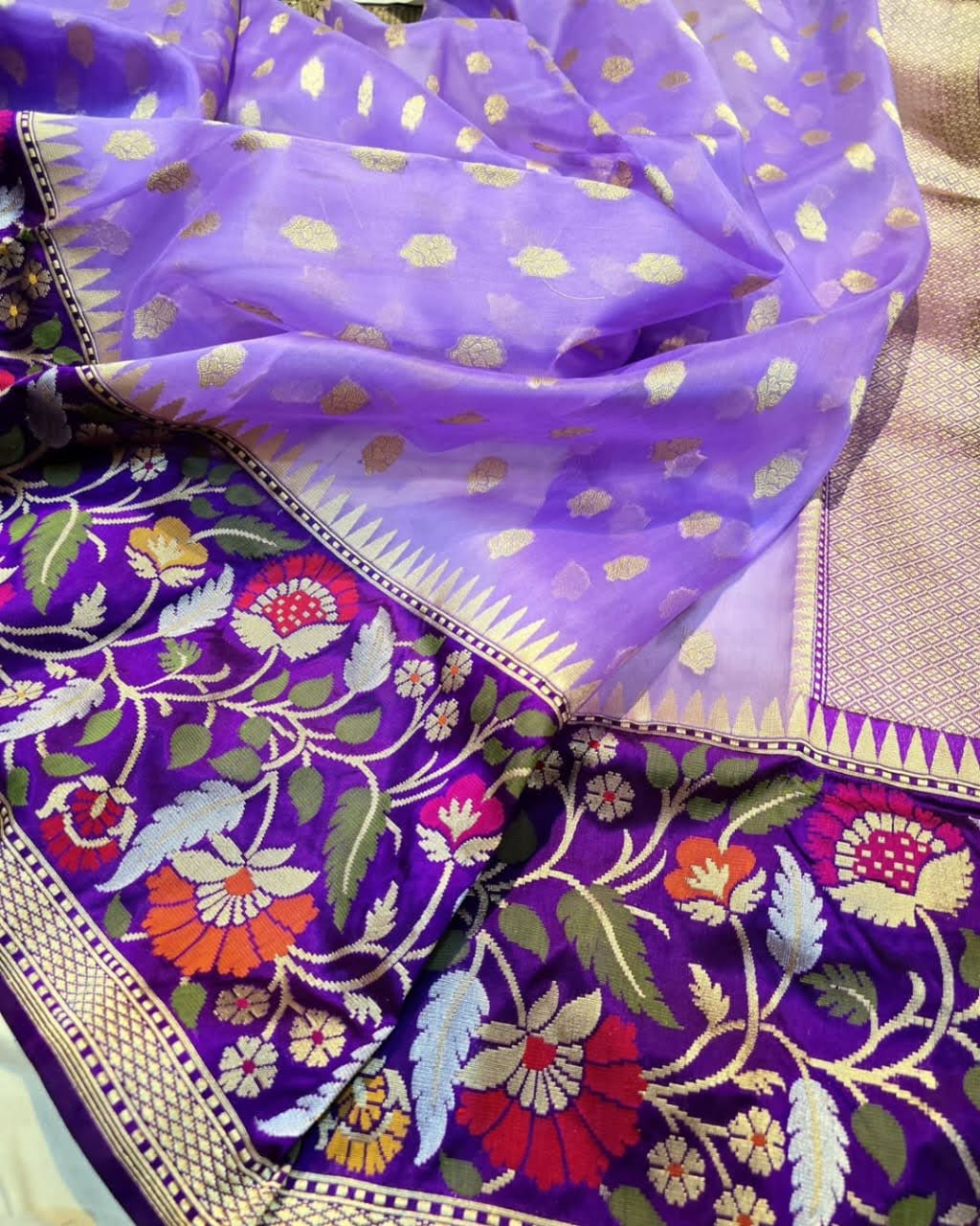 Lilac Banarasi Handloom Kora Tissue Silk Meenakari Saree