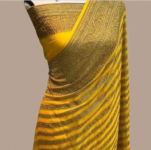 Elegant dyeable Banarasi handloom georgette silk saree featuring delicate antique zari weaving customized in your choice of color.