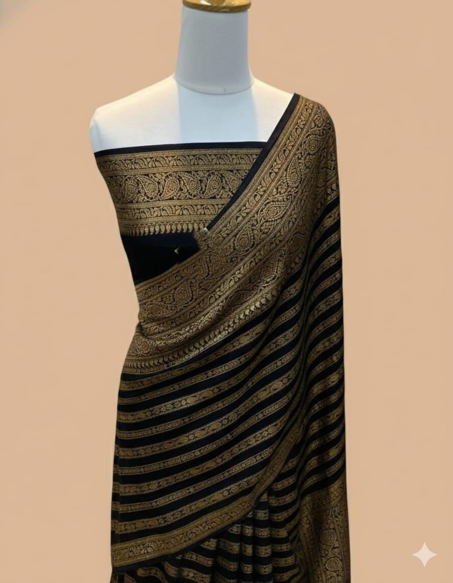 Elegant dyeable Banarasi handloom georgette silk saree featuring delicate antique zari weaving customized in your choice of color.