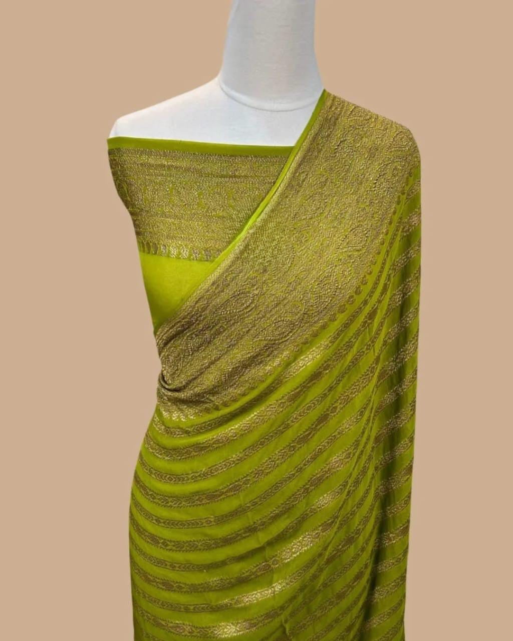 Elegant dyeable Banarasi handloom georgette silk saree featuring delicate antique zari weaving customized in your choice of color.