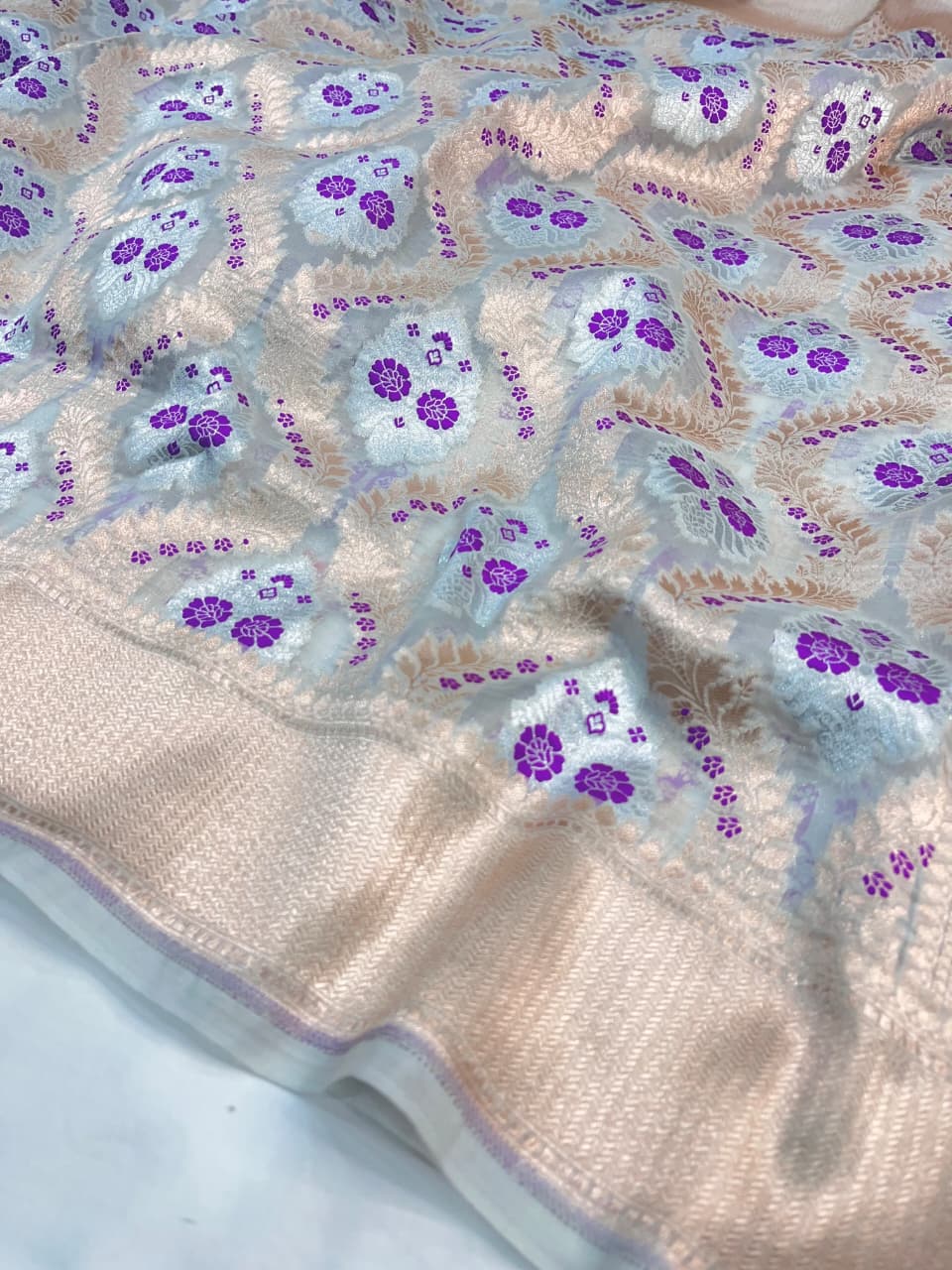 Sky Blue Banarasi Kora Organza Sona Rupa Meenakari Saree