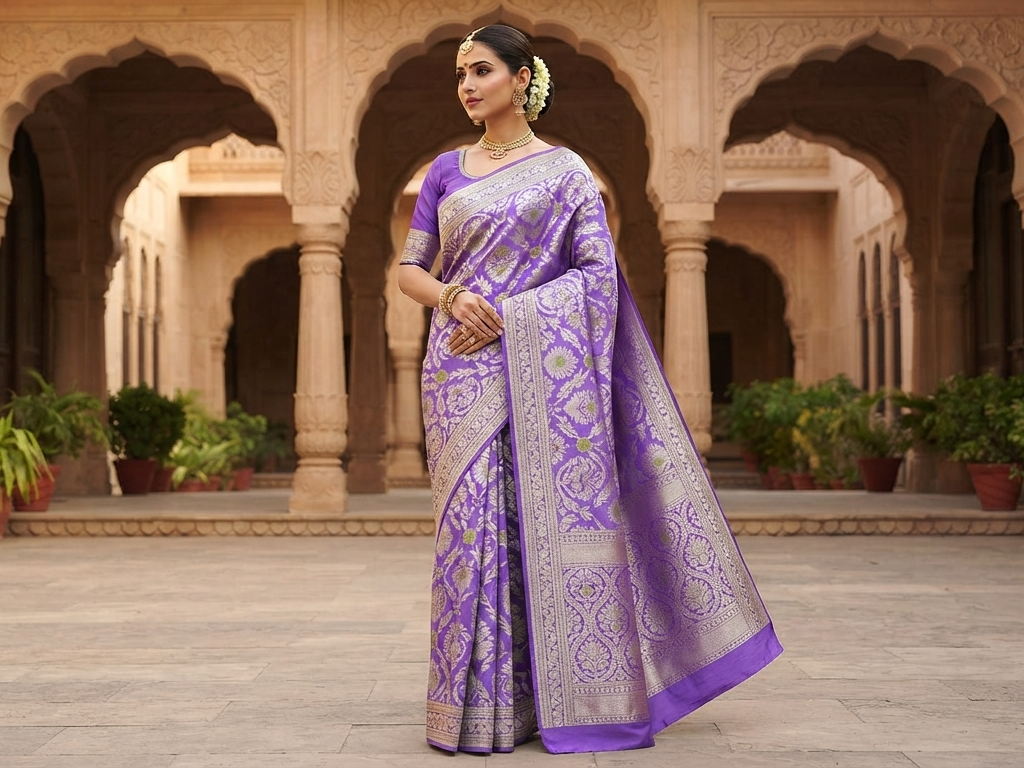 A model wearing a luxurious violet Banarasi handloom pure Chiniya silk saree featuring elaborate silver and gold sona roopa meenakari floral motifs and a broad zari border.