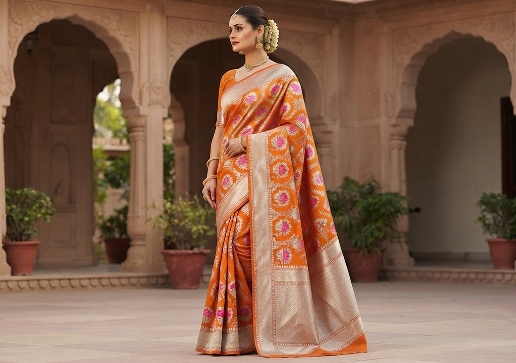 A model showcasing a vibrant orange Banarasi handloom pure chiniya silk saree featuring intricate silver sona roopa meenakari patterns.