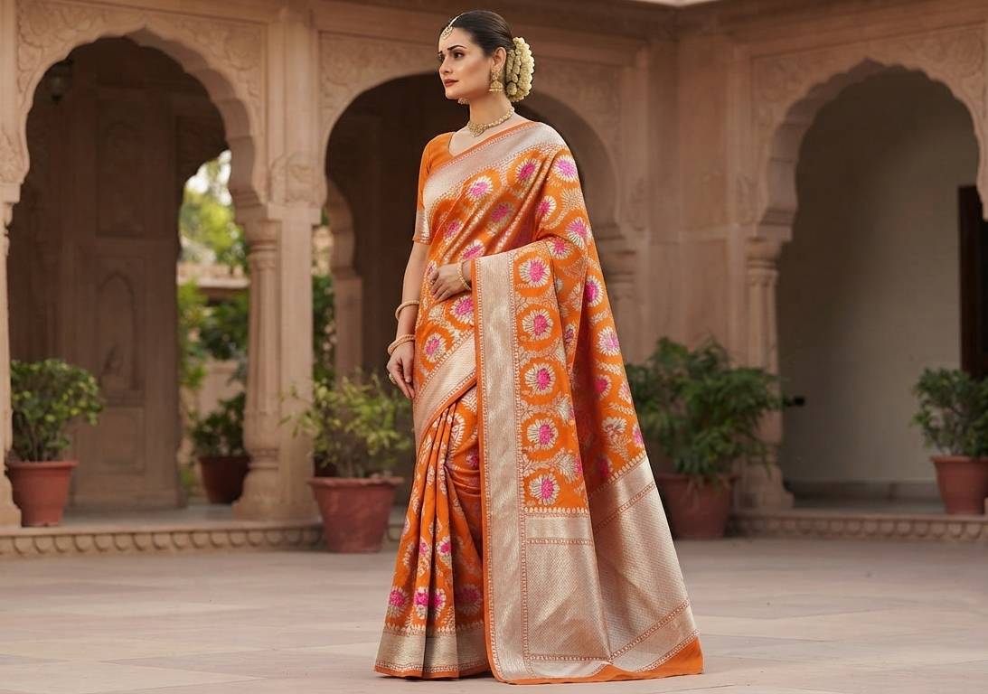 A model showcasing a vibrant orange Banarasi handloom pure chiniya silk saree featuring intricate silver sona roopa meenakari patterns.