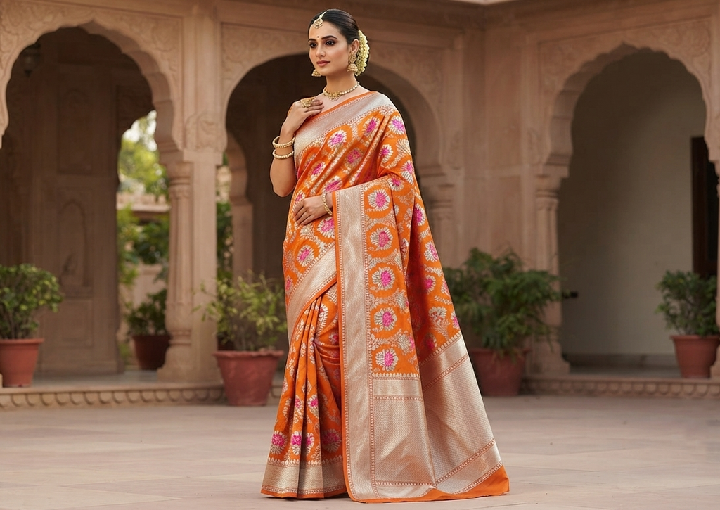 A model showcasing a vibrant orange Banarasi handloom pure chiniya silk saree featuring intricate silver sona roopa meenakari patterns.