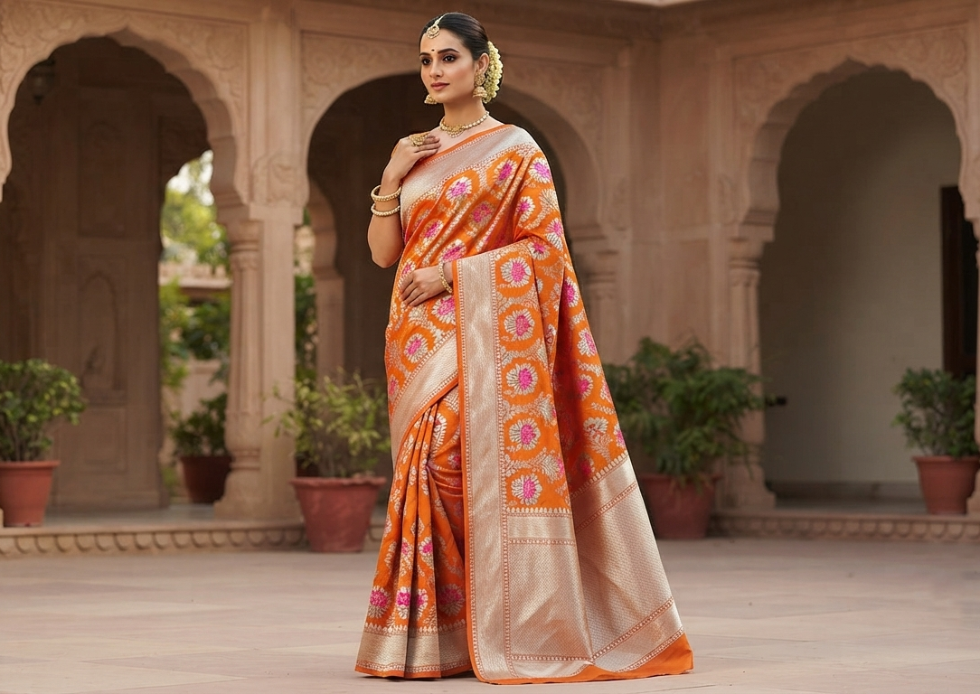A model showcasing a vibrant orange Banarasi handloom pure chiniya silk saree featuring intricate silver sona roopa meenakari patterns.