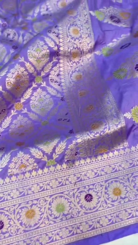 Violet Banarasi handloom pure Chiniya silk saree featuring elaborate silver and gold sona roopa meenakari floral motifs and a broad zari border.