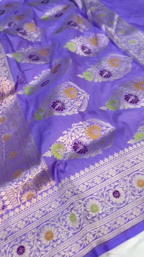 Violet Banarasi handloom pure Chiniya silk saree featuring elaborate silver and gold sona roopa meenakari floral motifs and a broad zari border.