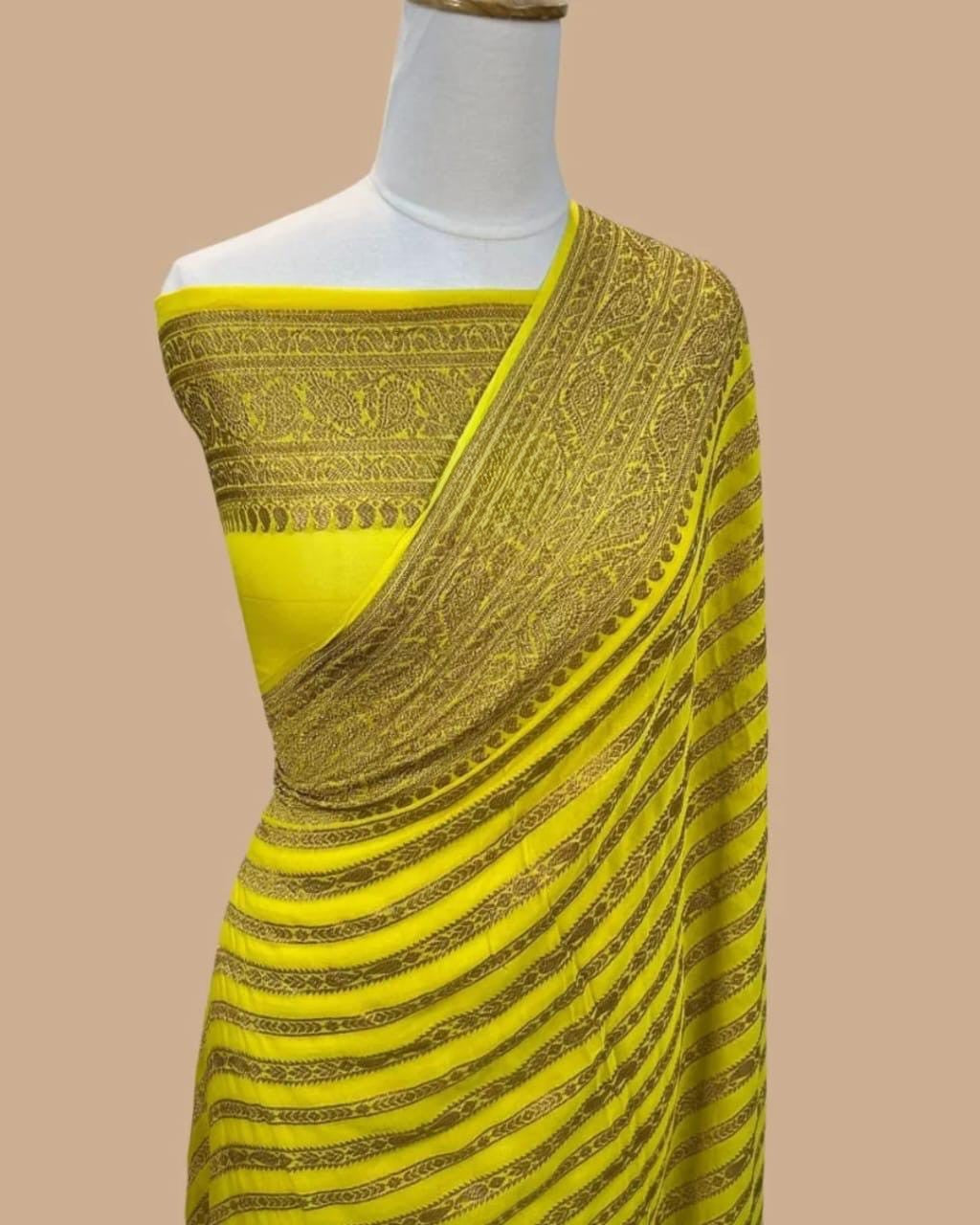Elegant dyeable Banarasi handloom georgette silk saree featuring delicate antique zari weaving customized in your choice of color.
